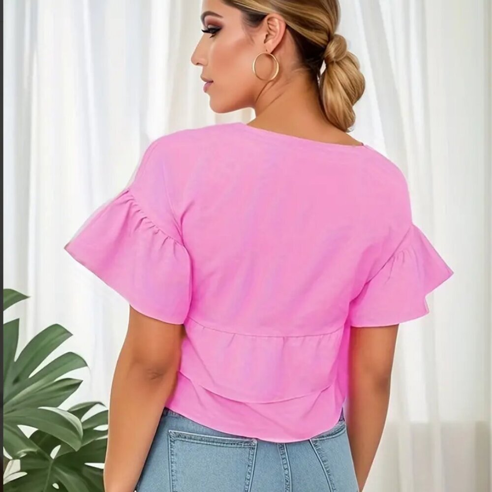 Women's Pink Crew Neck Sweet Flare Sleeve Blouse Size Medium  NWT - Picture 4 of 7